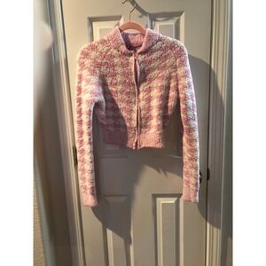 SKIMS Cozy Knit Cropped Zip Up Hoodie Pink White Checkered XXS XS